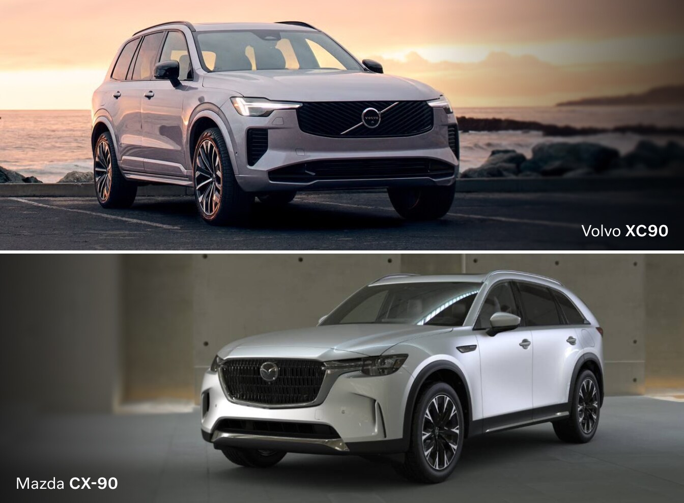 Split image showing a the 2026 Volvo XC90 against a coastal sunset above, and the 2026 Mazda CX-90 in a modern showroom below.