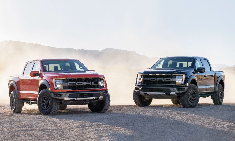 Two Ford F-150's exterior head on in desert