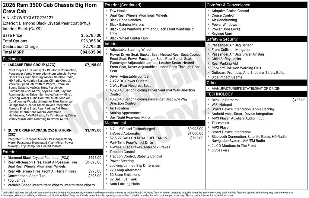New 2026 Ram 3500 Chassis Cab BIG HORN CREW 4X4 60' CA Pickup