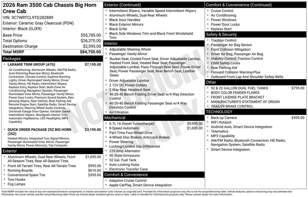 New 2026 Ram 3500 Chassis Cab BIG HORN CREW 4X4 60' CA Pickup