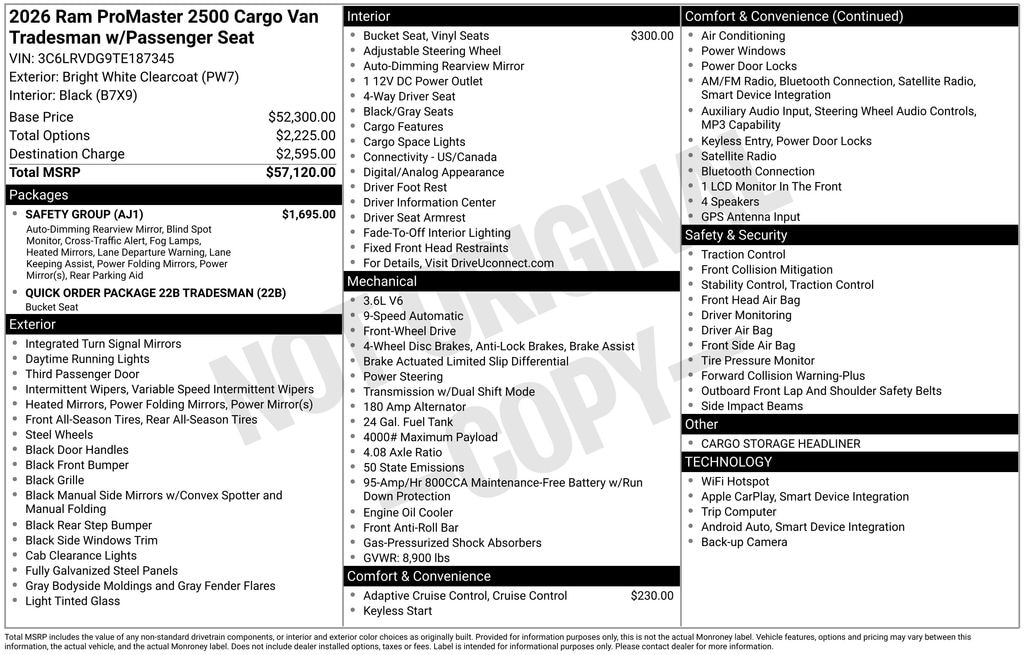 New 2026 Ram ProMaster PROMASTER 2500 TRADESMAN CARGO VAN HIGH ROOF 159' Cargo Van