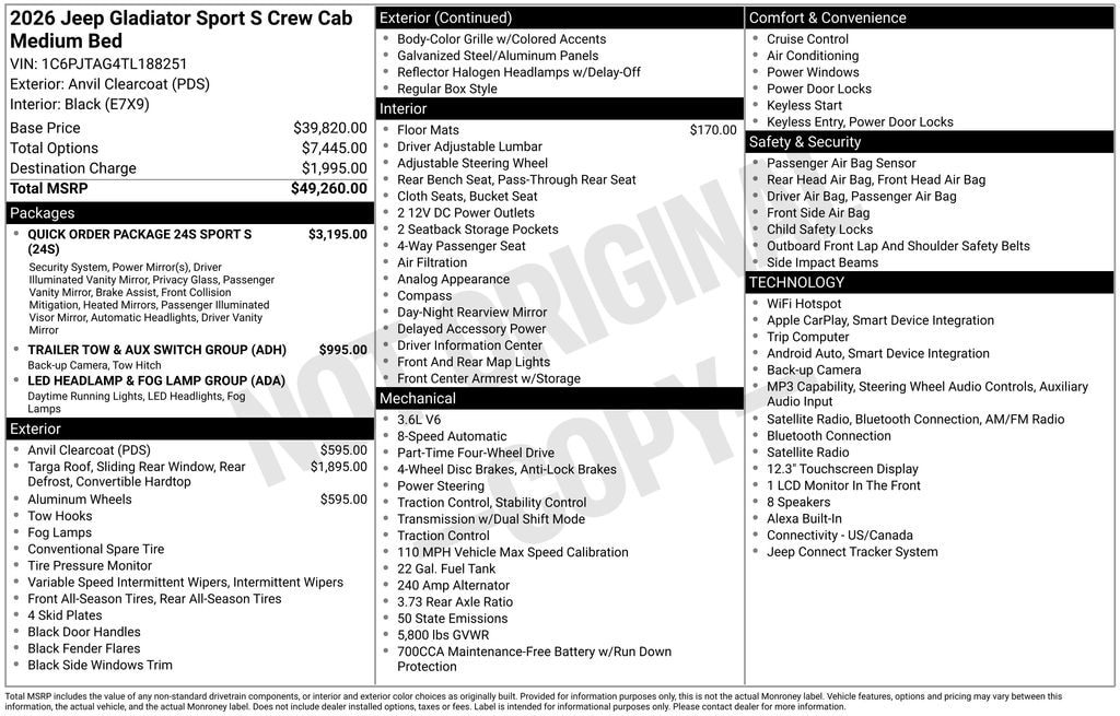 New 2026 Jeep Gladiator SPORT S 4X4 Pickup
