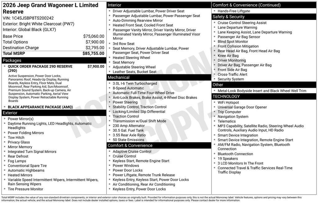 New 2026 Jeep Grand Wagoneer L LIMITED RESERVE 4X4 Sport Utility
