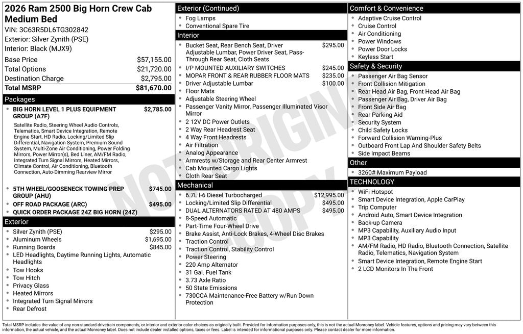 New 2026 Ram 2500 BIG HORN CREW CAB 4X4 6'4 BOX Pickup
