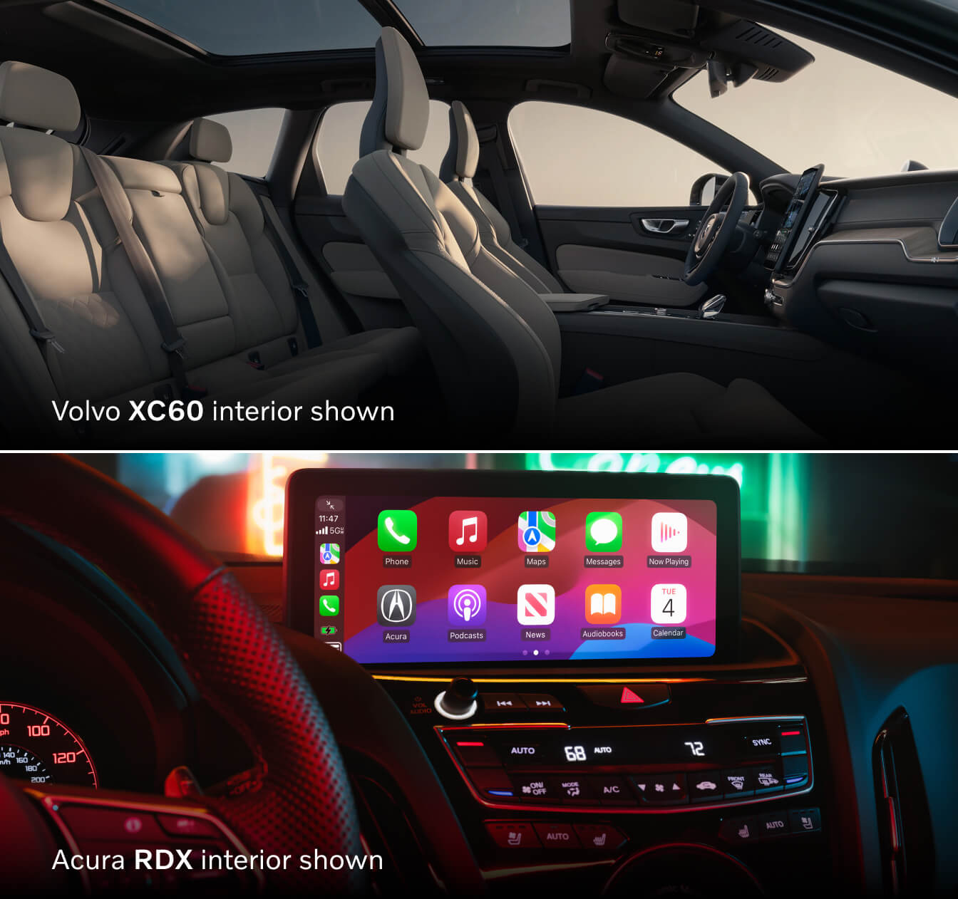 Interior side view of the Volvo XC60 driver and passenger seats over an image of the Acura RDX dashboard