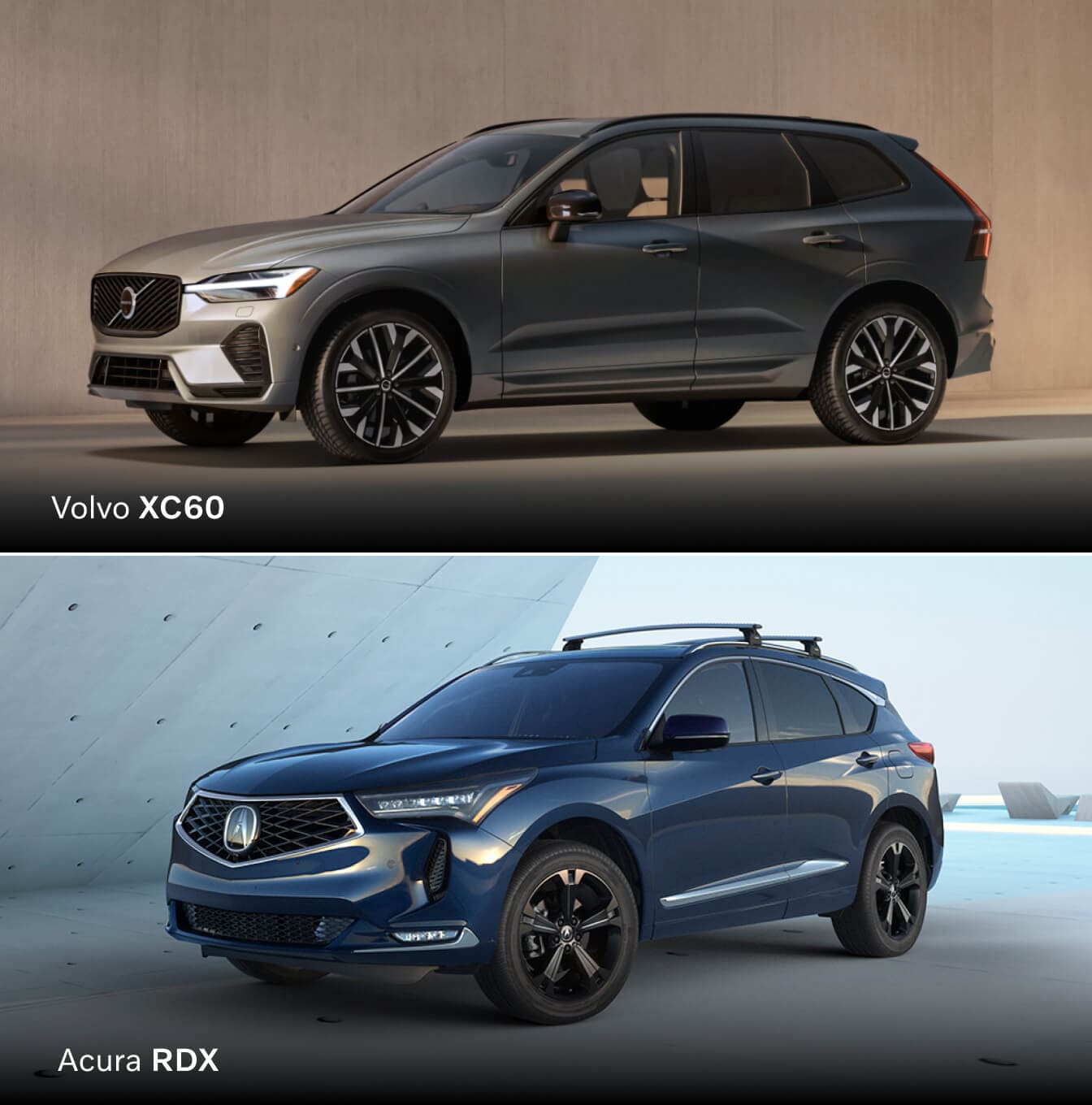 Left exterior view of the Volvo XC60 above an image of the Acura RDX