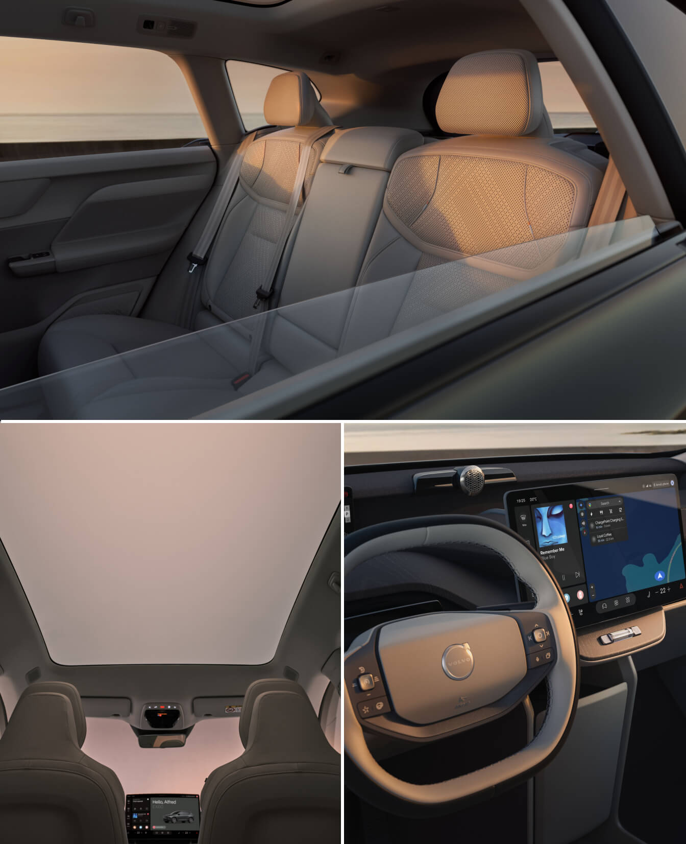Split interior view of a beige Volvo EX60 showing rear seating, panoramic roof, and digital dashboard at sunset.