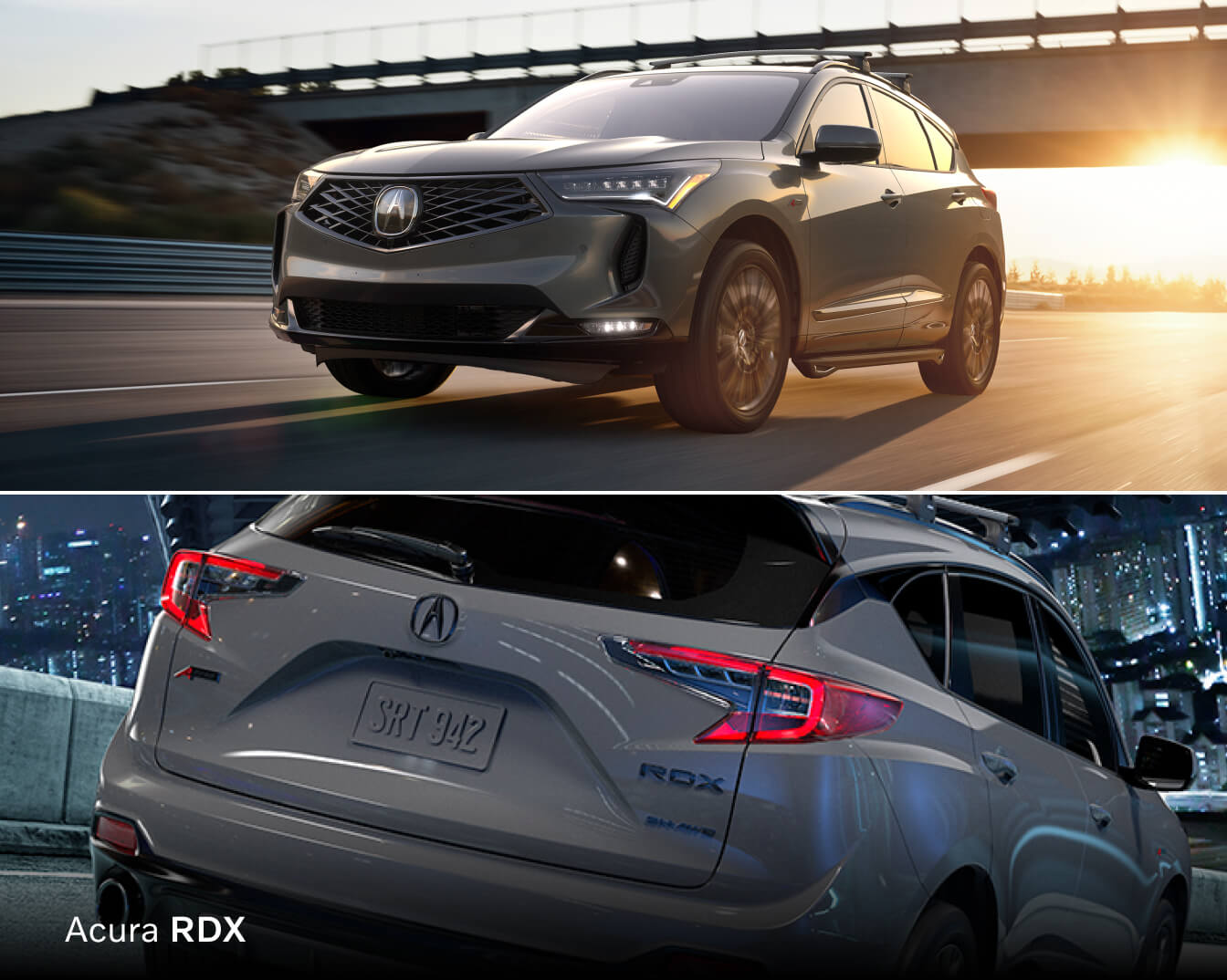 Acura RDX driving on a highway above an image of the Acura RDX rear exterior