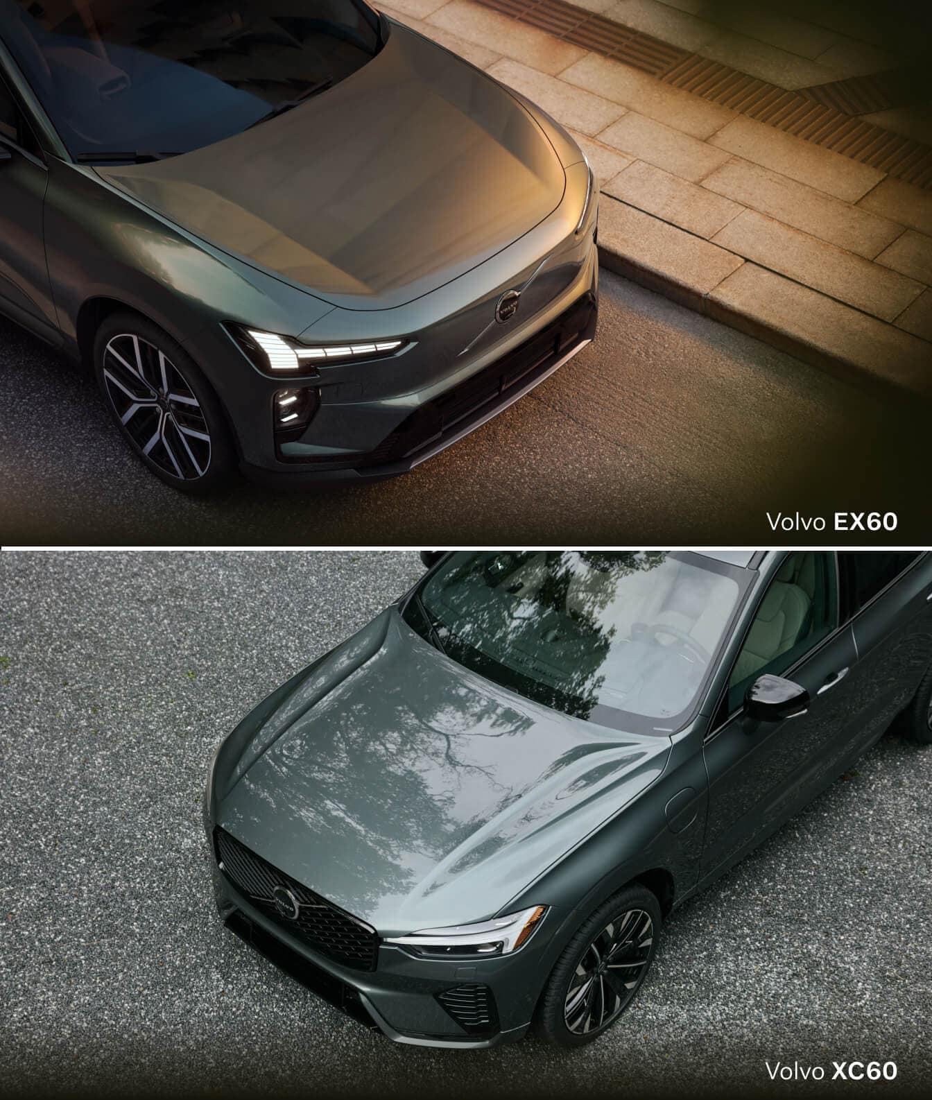 High-angle comparison of a green Volvo EX60 (top) and XC60 (bottom) on paved and gravel roads.
