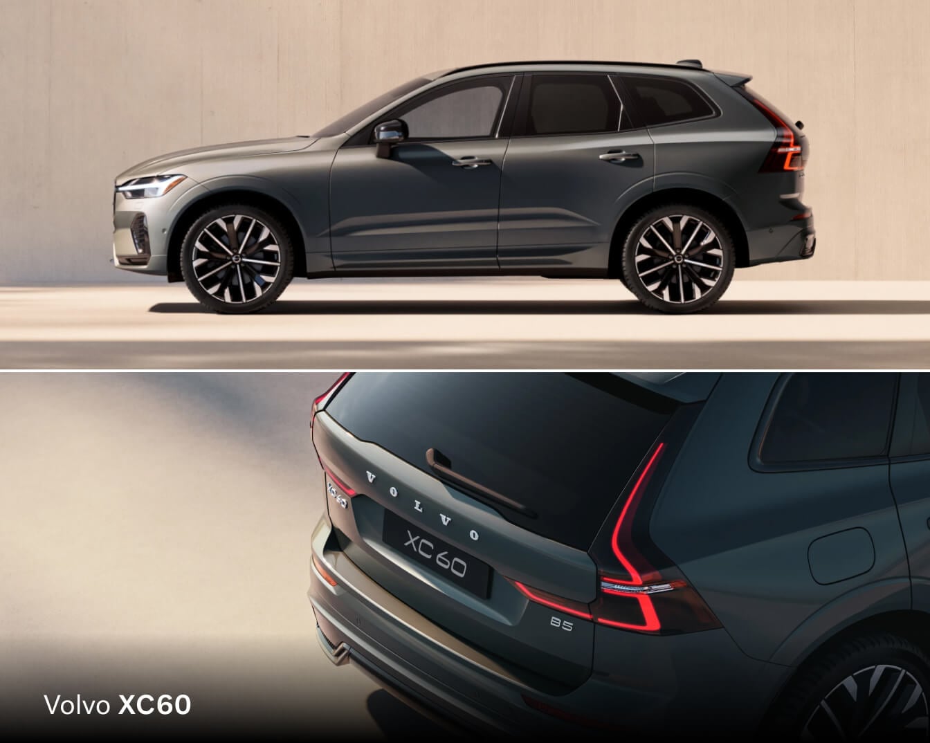 Volvo XC60 parked, showing the left exterior over an angled image of the Volvo XC60 rear exterior