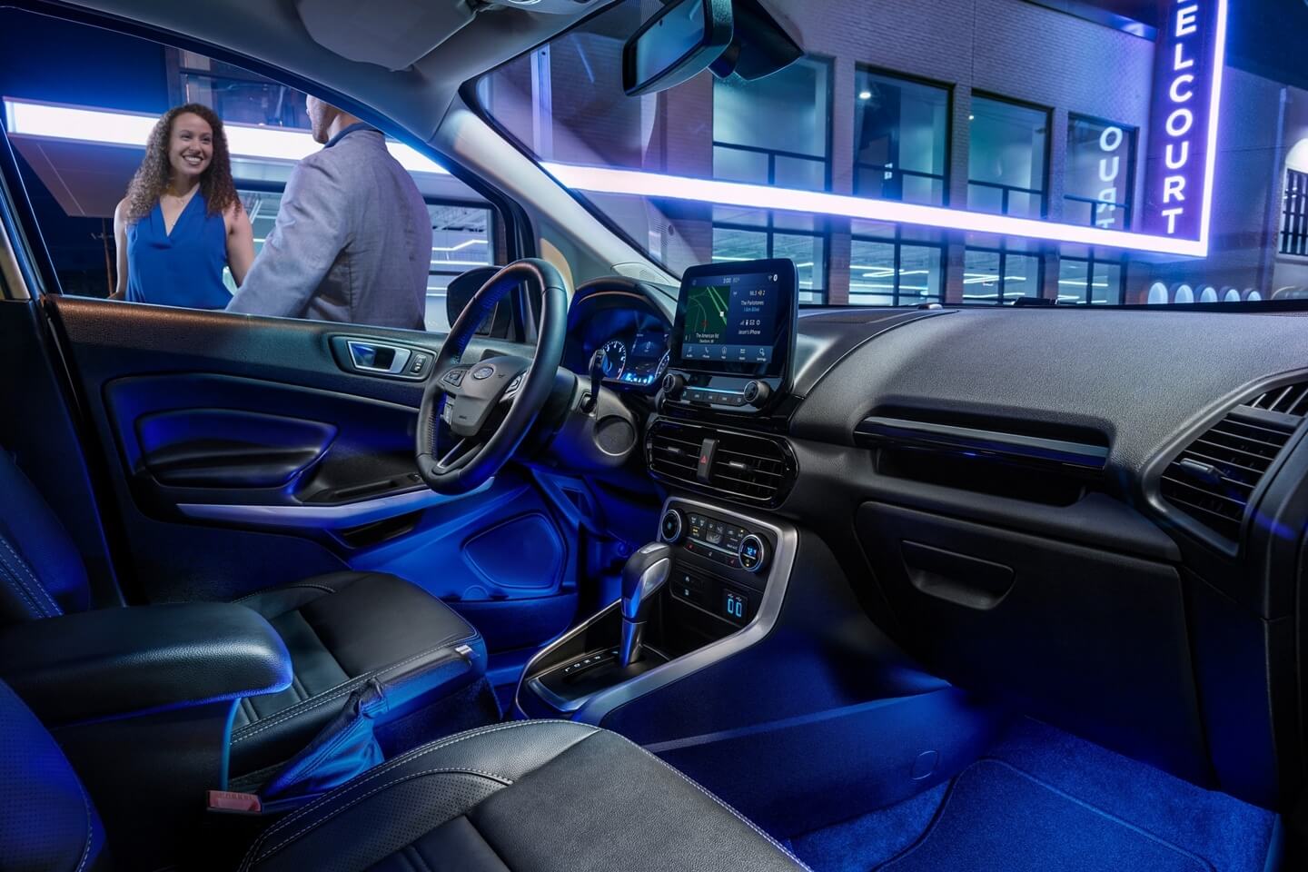 Interior of Ford Escape with blue accent lighting