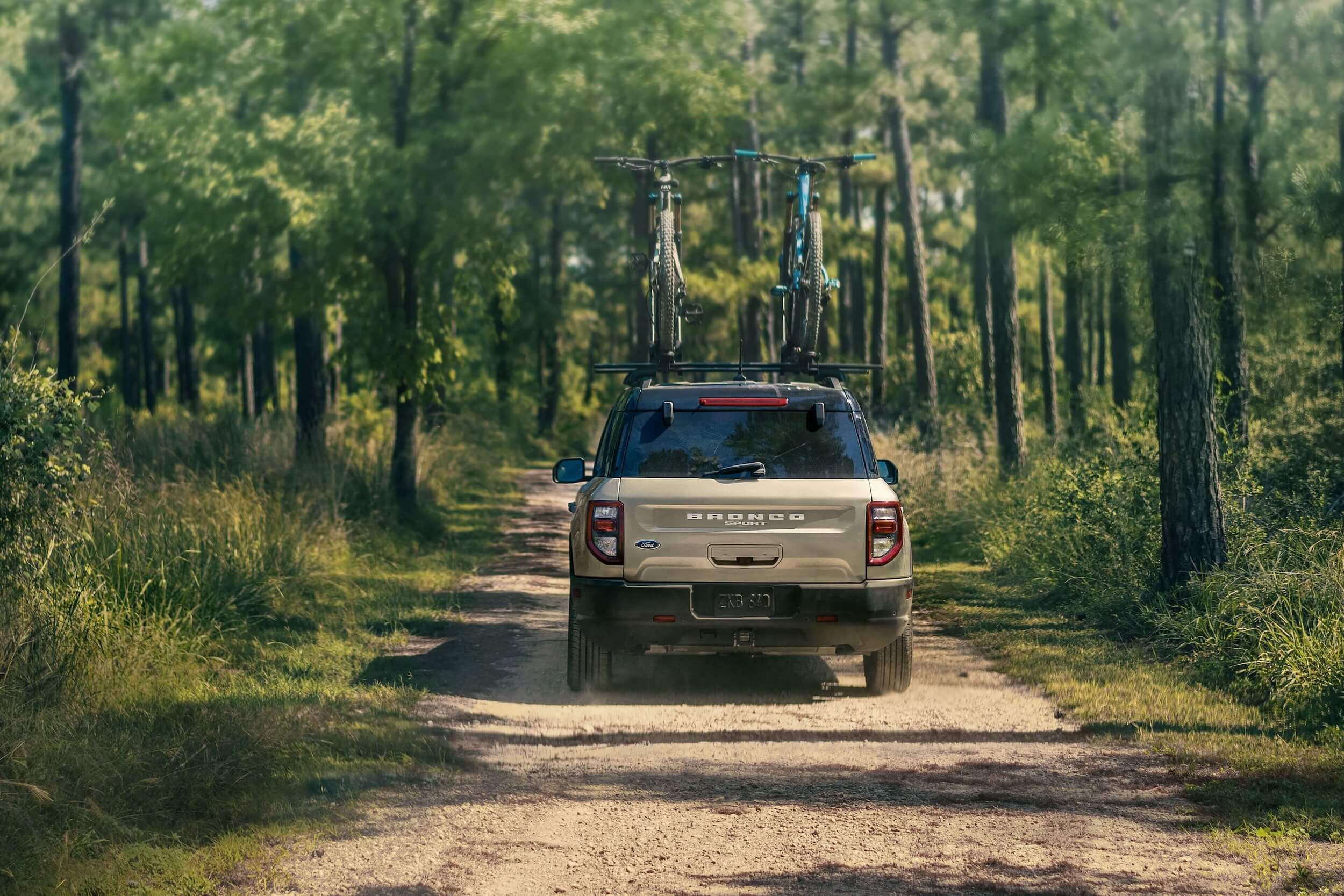 Bronco Sport with mountain bikes on roof going down dirt road