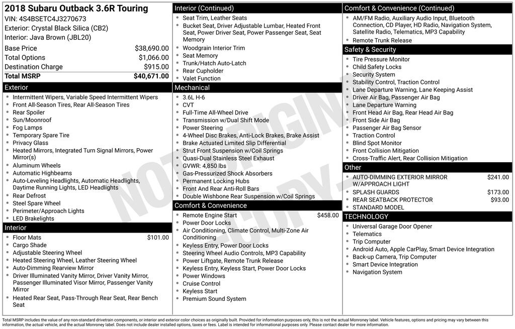 Used 2018 Subaru Outback 3.6R Touring SUV