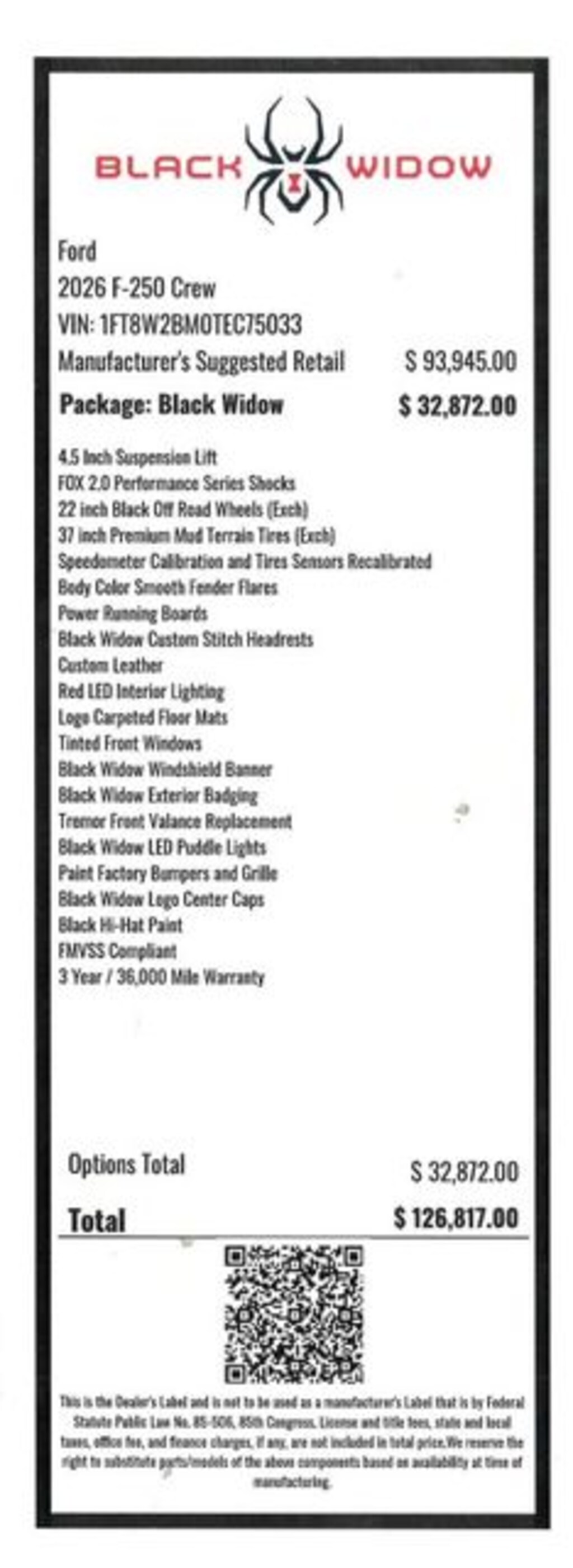 New 2026 Ford F-250 Black Widow Truck Crew Cab