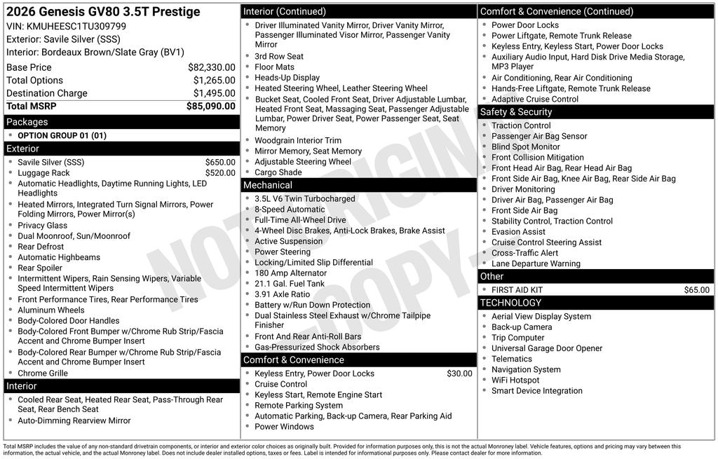 New 2026 Genesis GV80 3.5T Prestige SUV