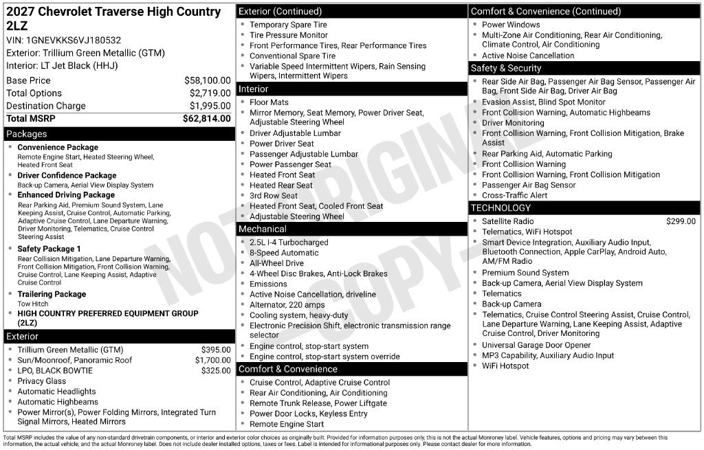New 2027 Chevrolet Traverse High Country SUV