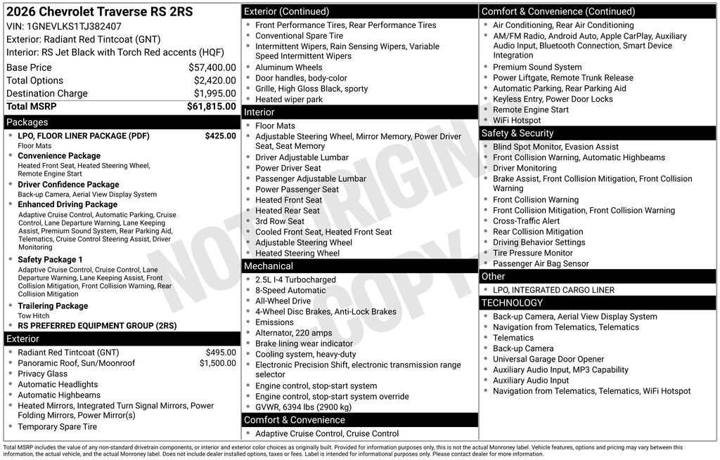 New 2026 Chevrolet Traverse RS SUV