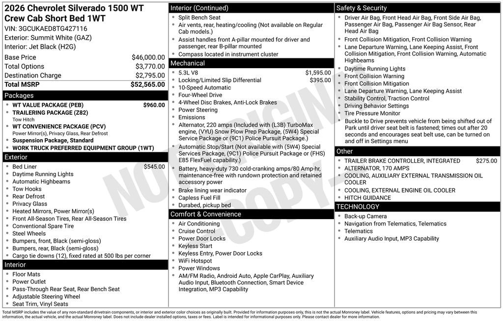 New 2026 Chevrolet Silverado 1500 WT Truck