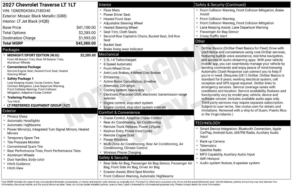 New 2027 Chevrolet Traverse LT SUV