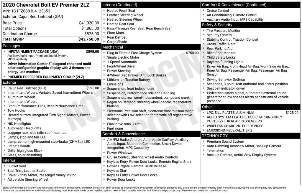 Used 2020 Chevrolet Bolt EV Premier Car