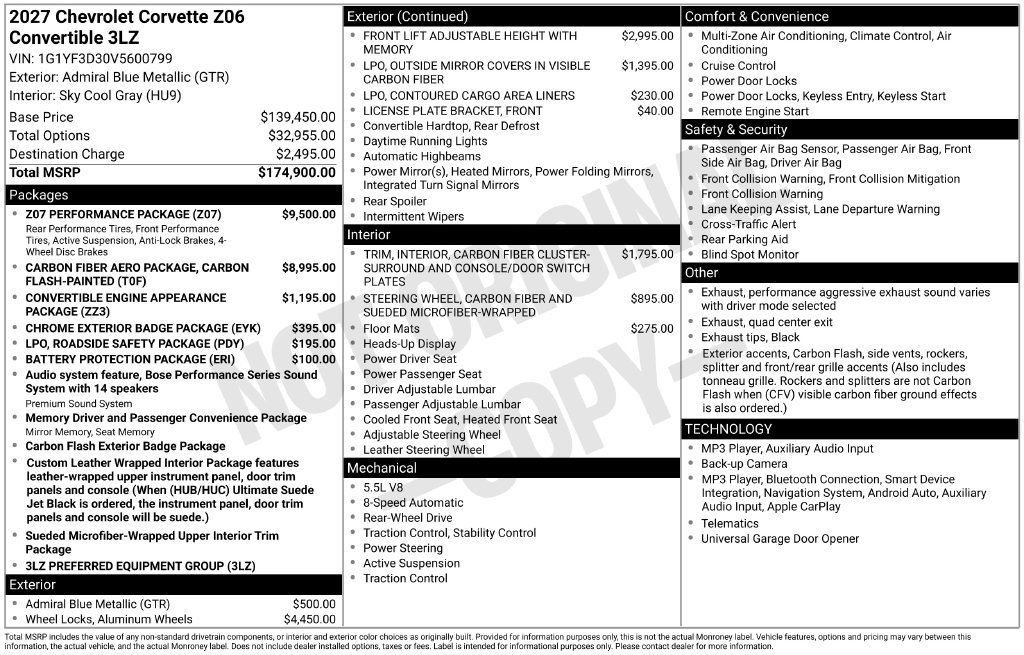 New 2027 Chevrolet Corvette Z06 3LZ Convertible