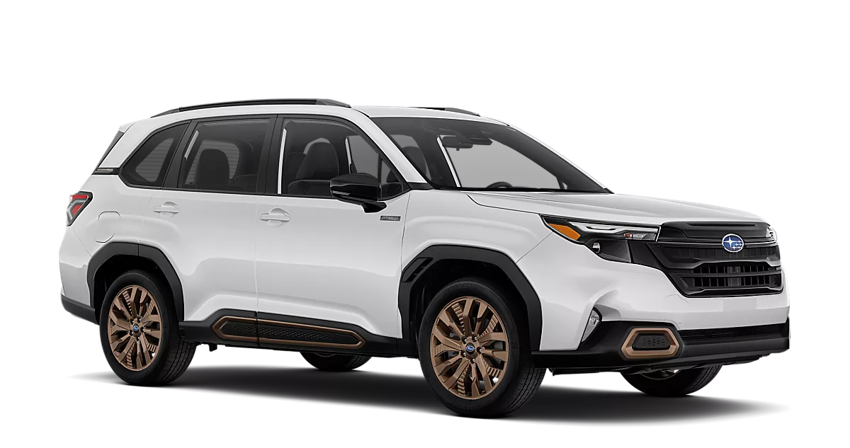  2026 Subaru Forester Sport Hybrid in Crystal White Pearl with Bronze-Finish Wheels