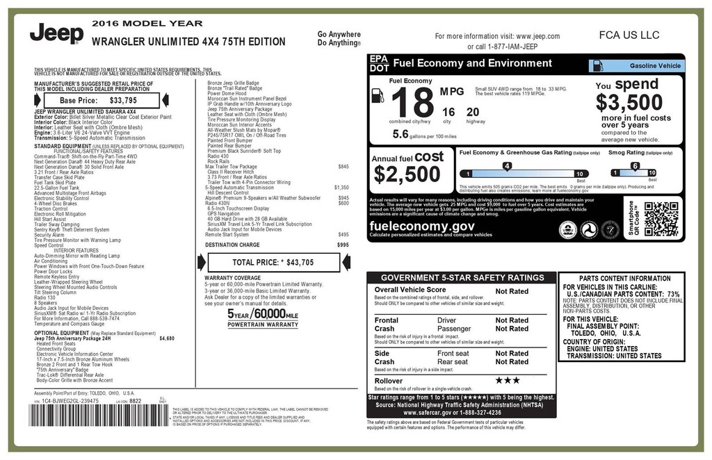 Used 2016 Jeep Wrangler Unlimited 75th Anniversary SUV
