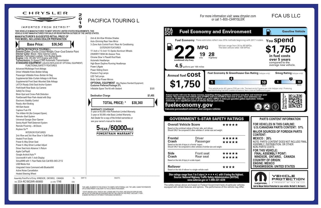 Used 2019 Chrysler Pacifica Touring L Van