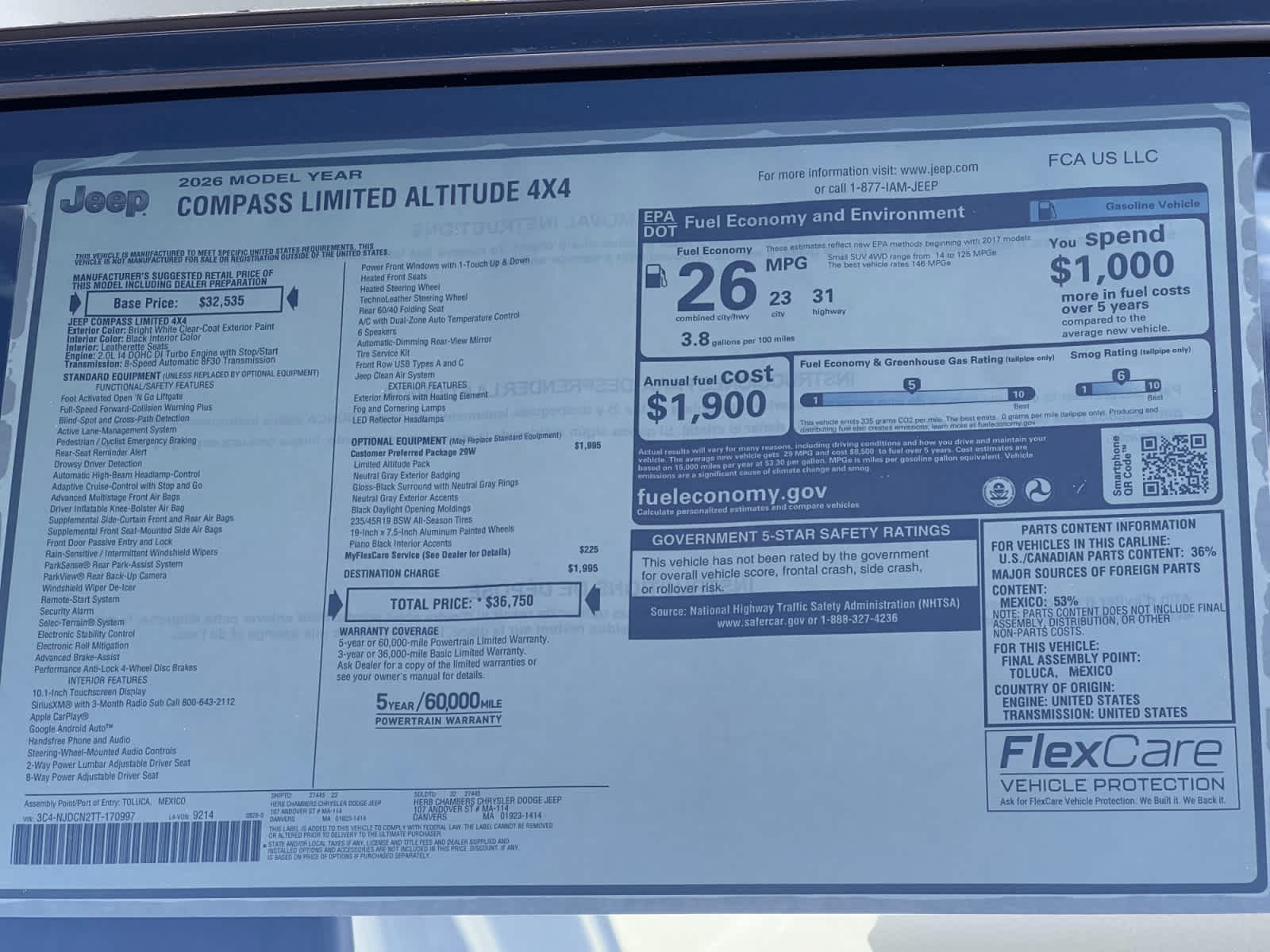 new 2026 Jeep Compass car, priced at $36,750