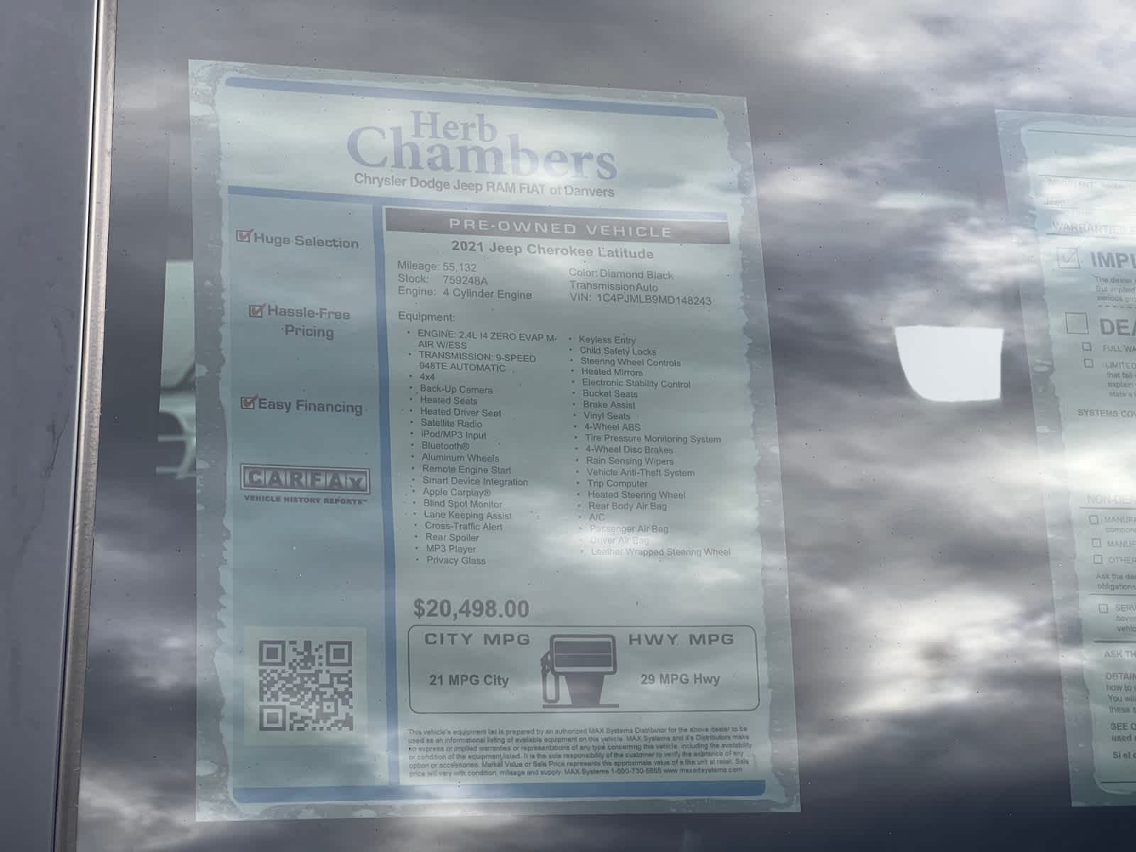 used 2021 Jeep Cherokee car, priced at $20,497