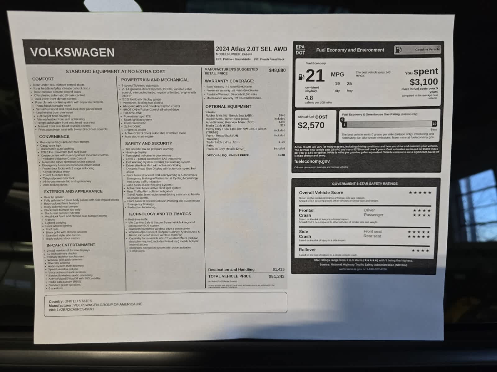 used 2024 Volkswagen Atlas car, priced at $33,485
