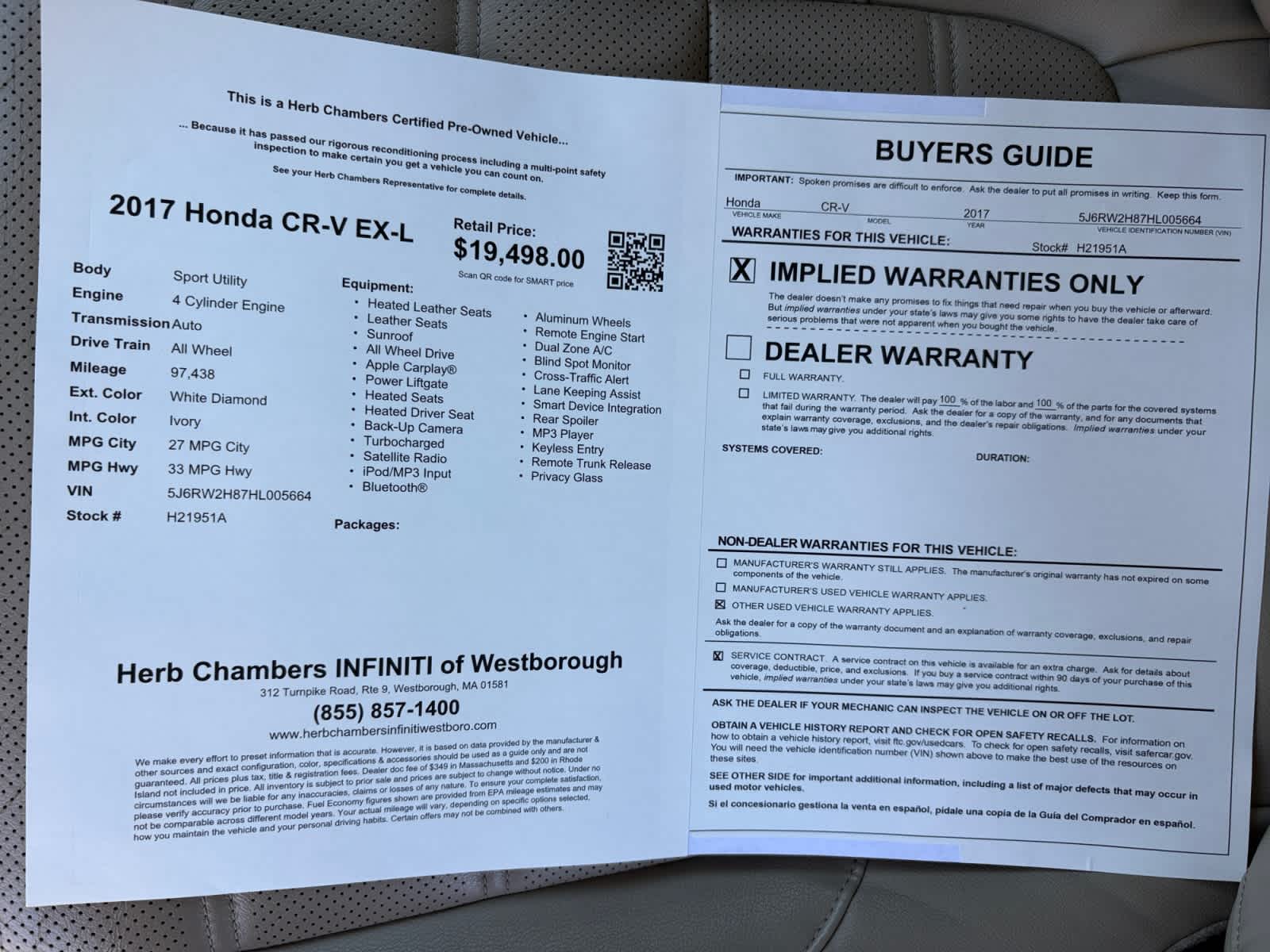 used 2017 Honda CR-V car, priced at $19,497