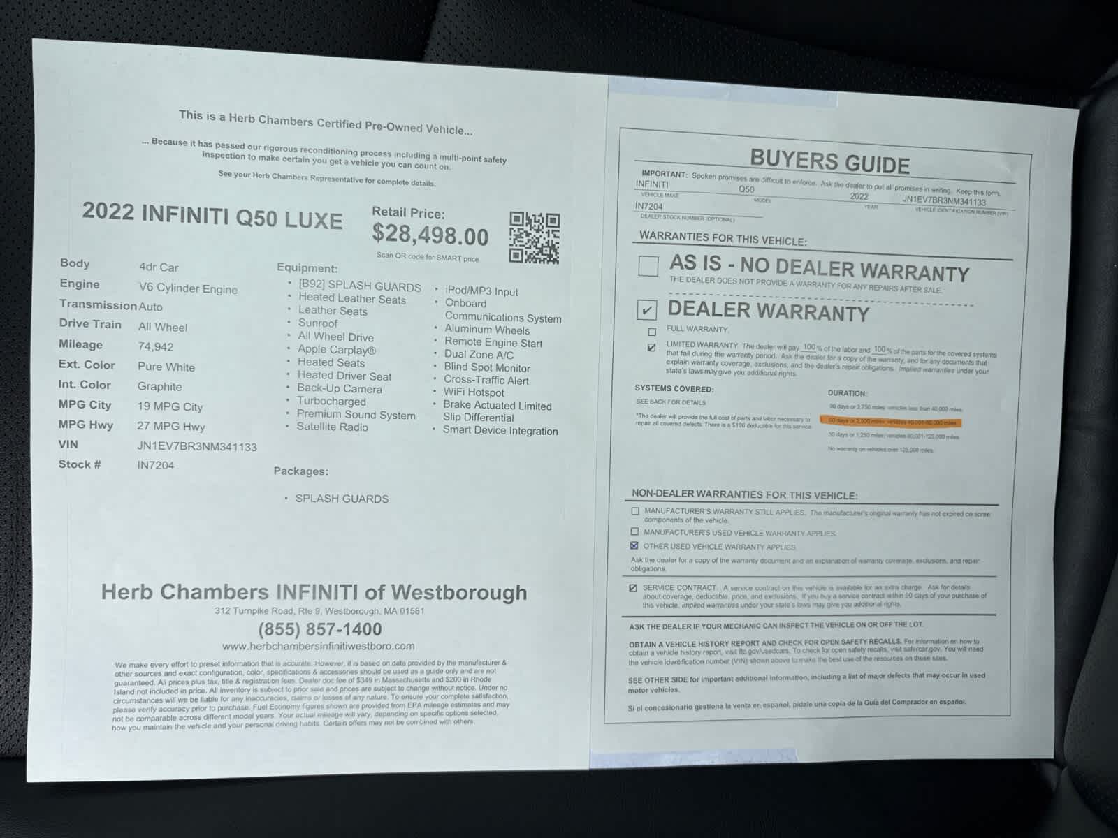used 2022 INFINITI Q50 car, priced at $27,698