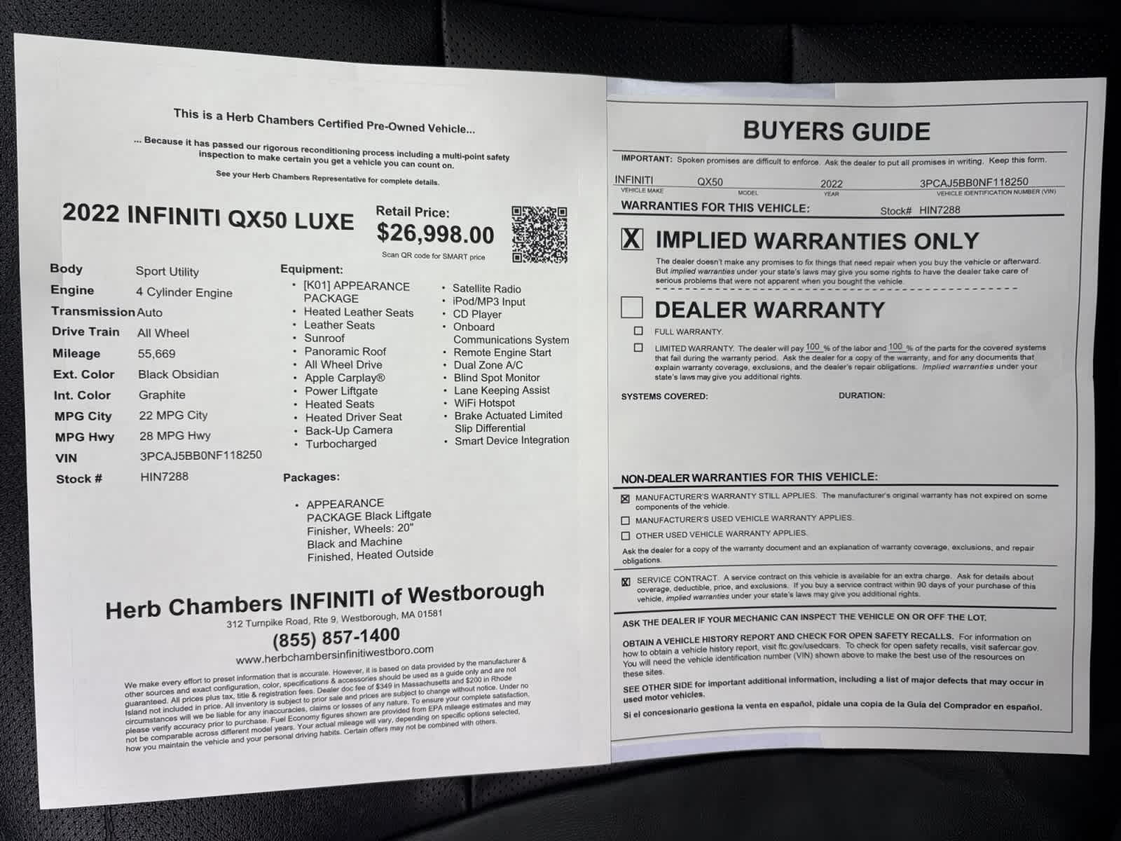 used 2022 INFINITI QX50 car, priced at $23,988