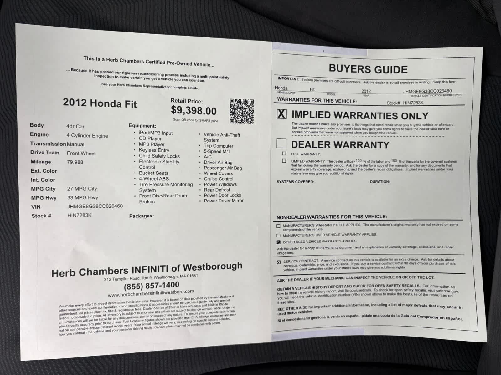 used 2012 Honda Fit car, priced at $9,897