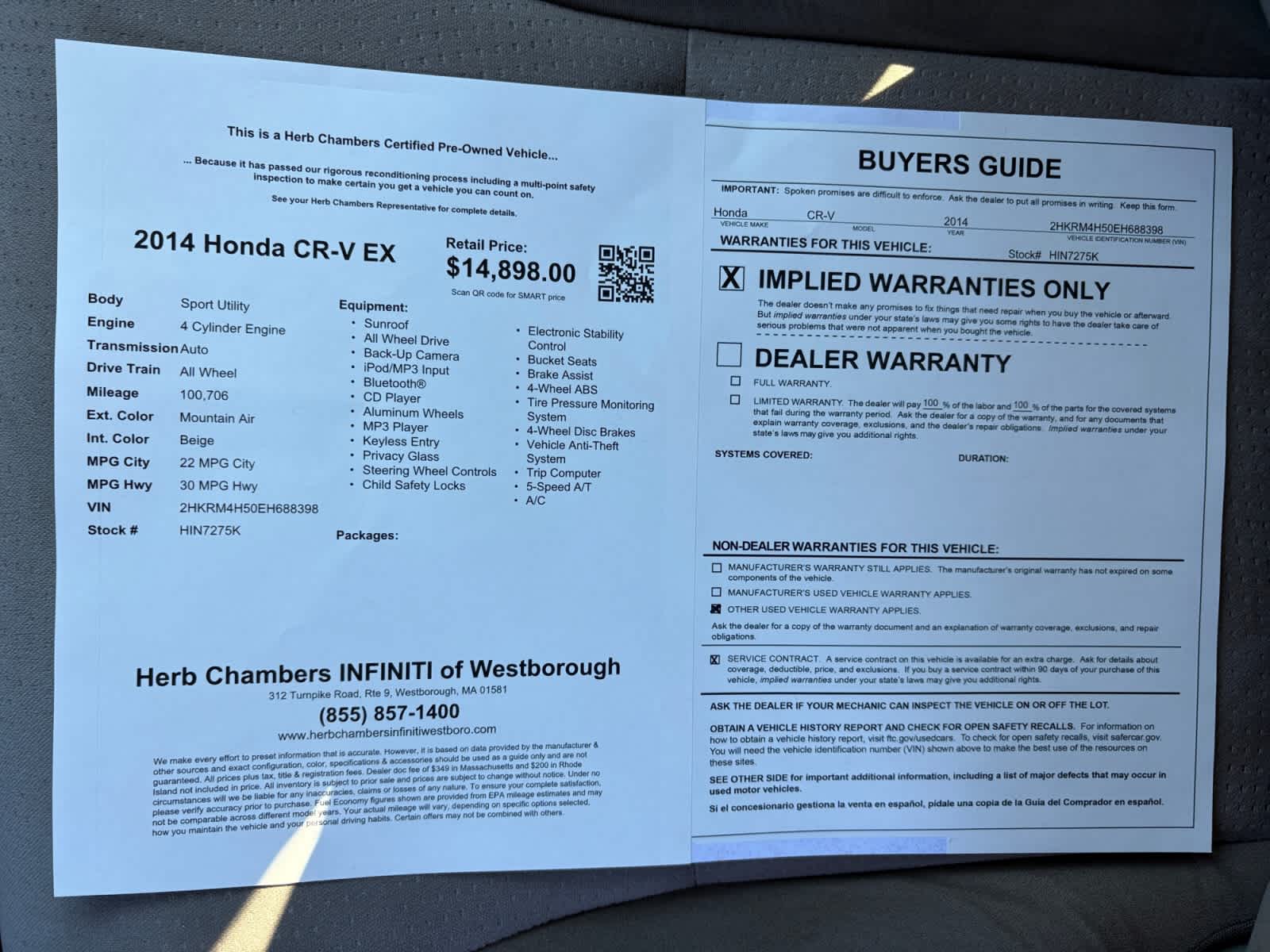 used 2014 Honda CR-V car, priced at $14,497