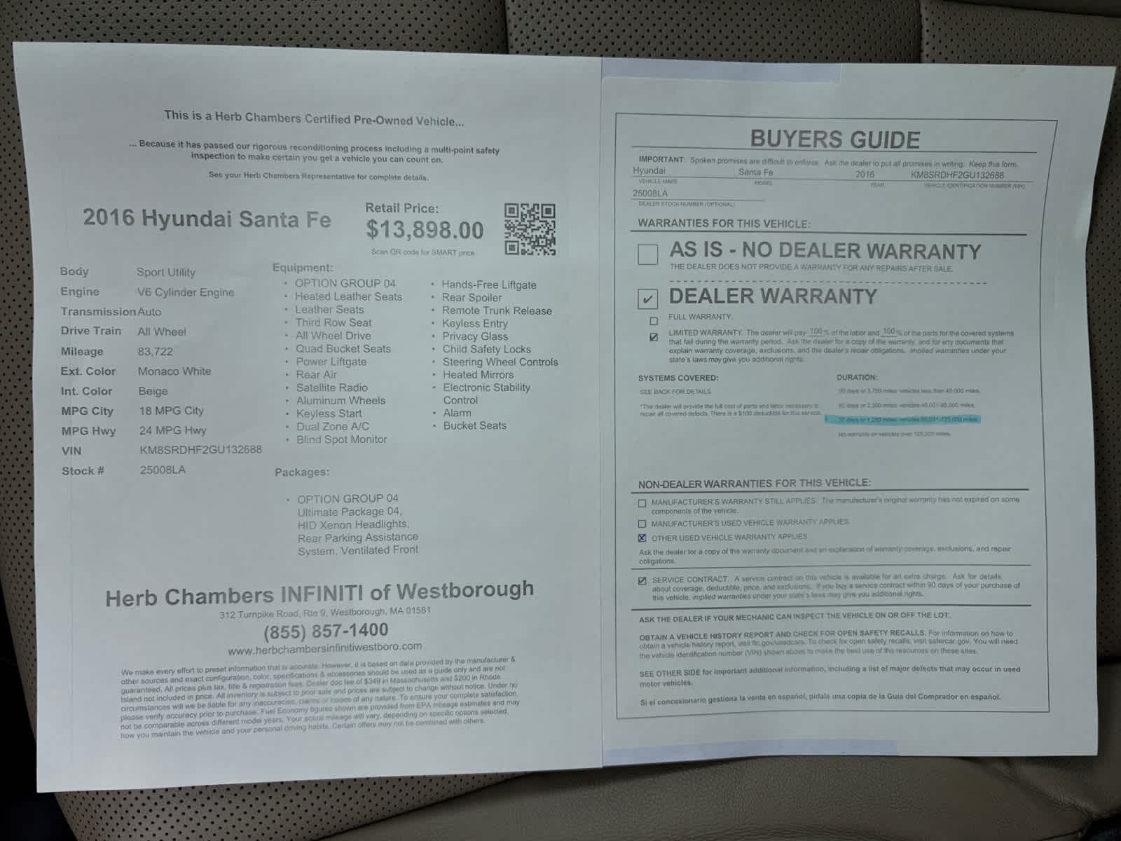 used 2016 Hyundai Santa Fe car, priced at $13,698