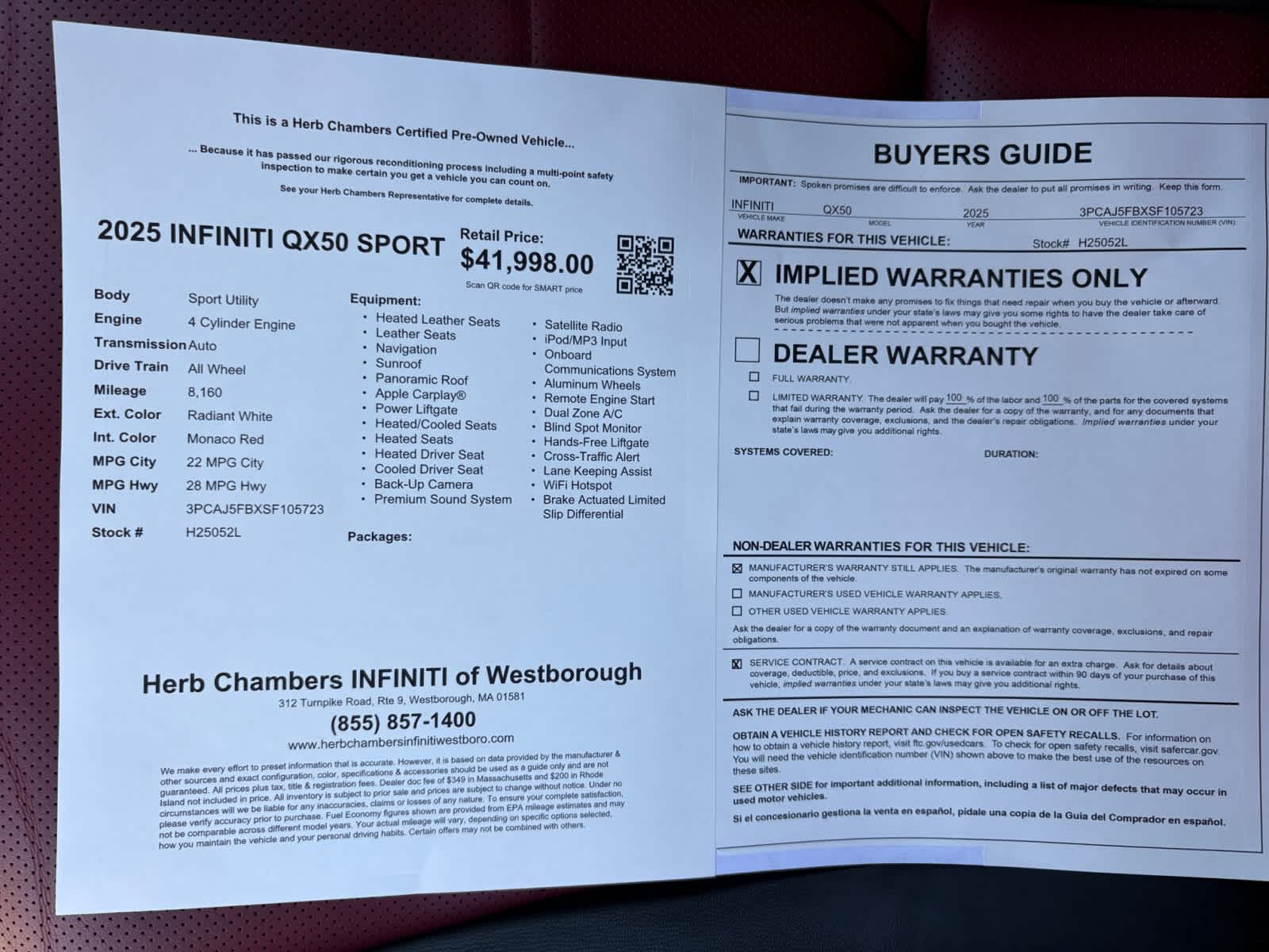 used 2025 INFINITI QX50 car, priced at $41,997