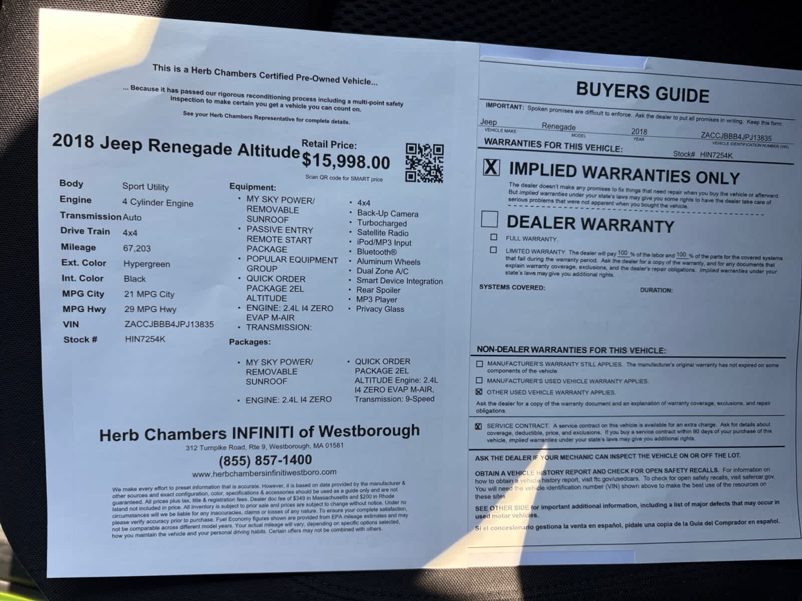 used 2018 Jeep Renegade car, priced at $13,497