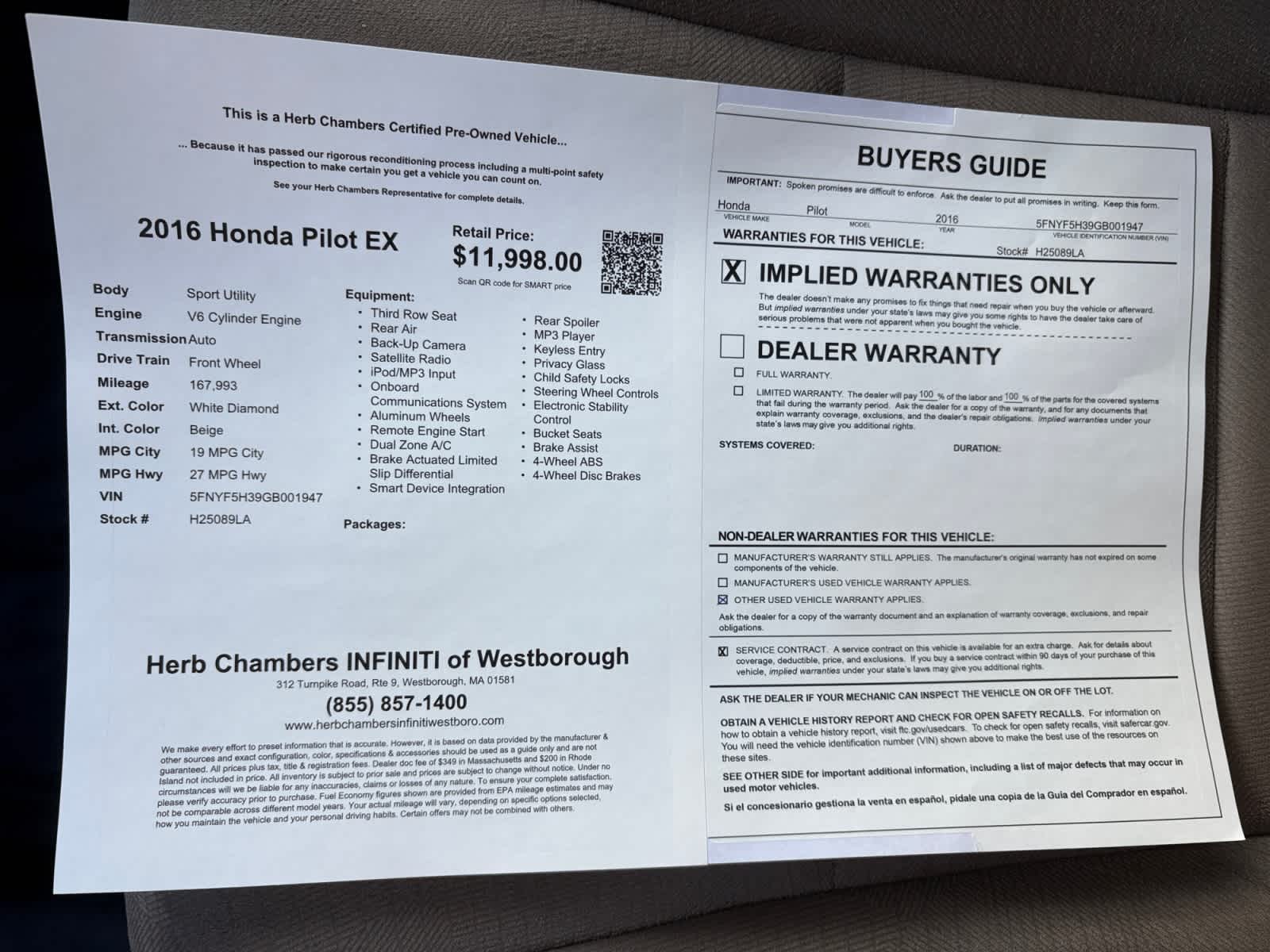 used 2016 Honda Pilot car, priced at $11,998