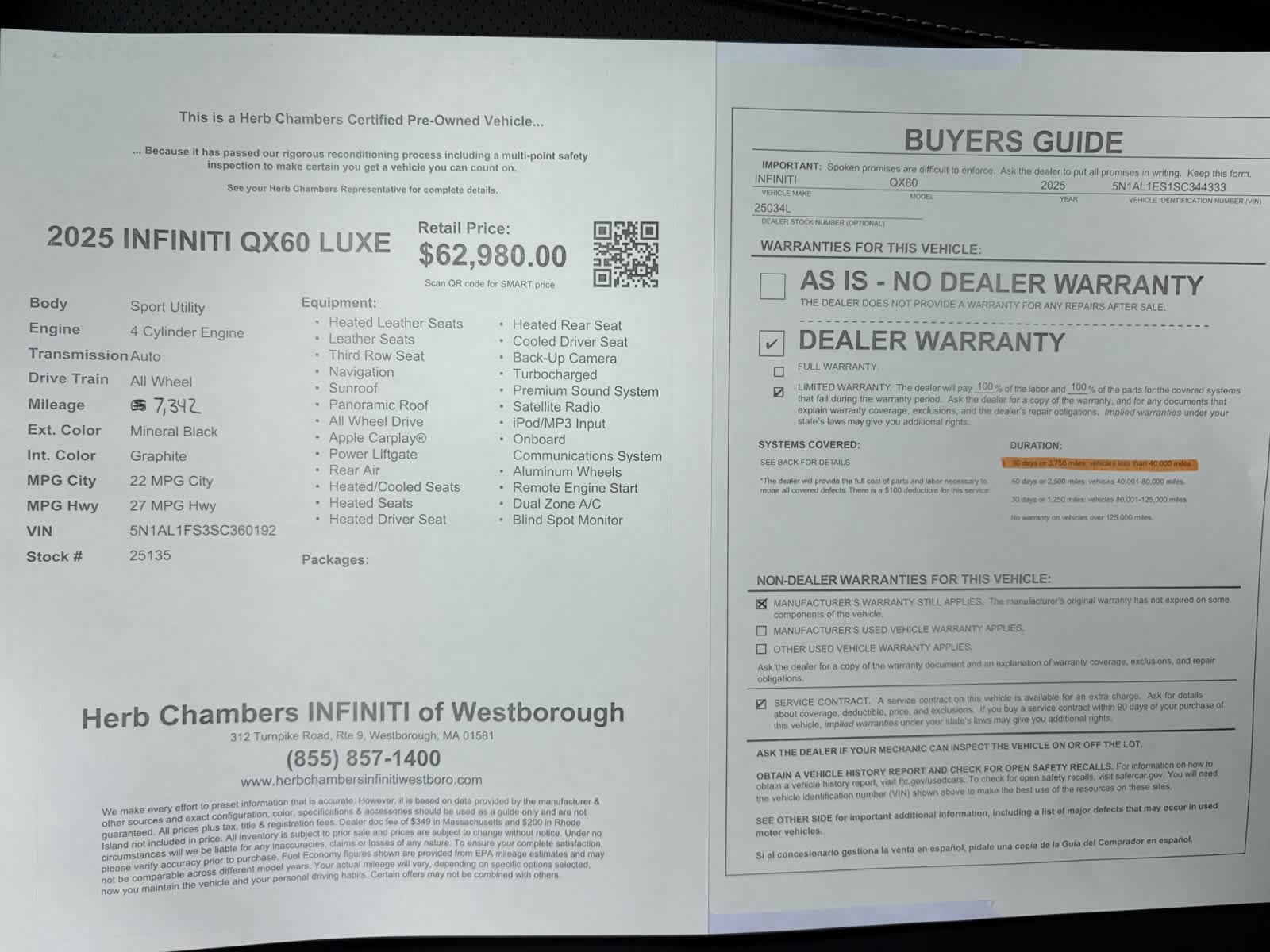 used 2025 INFINITI QX60 car, priced at $40,998