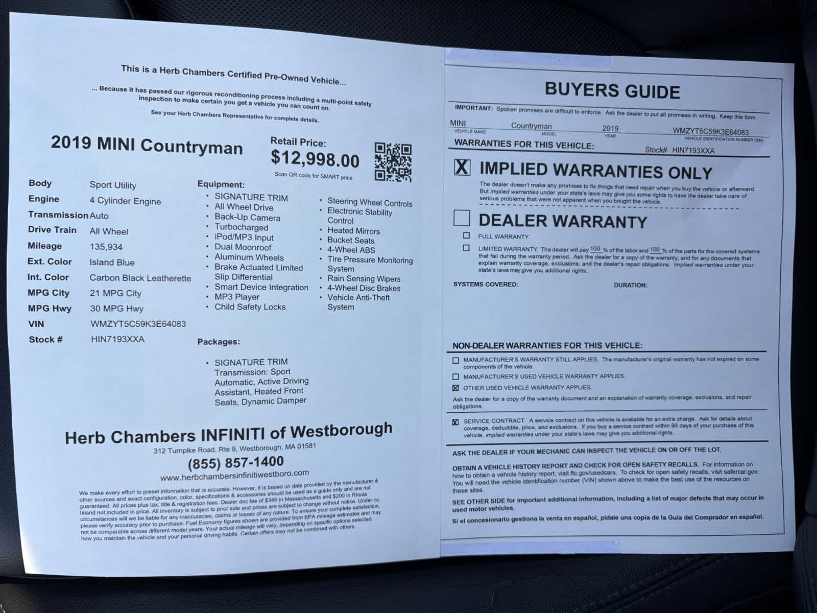 used 2019 MINI Countryman car, priced at $10,888