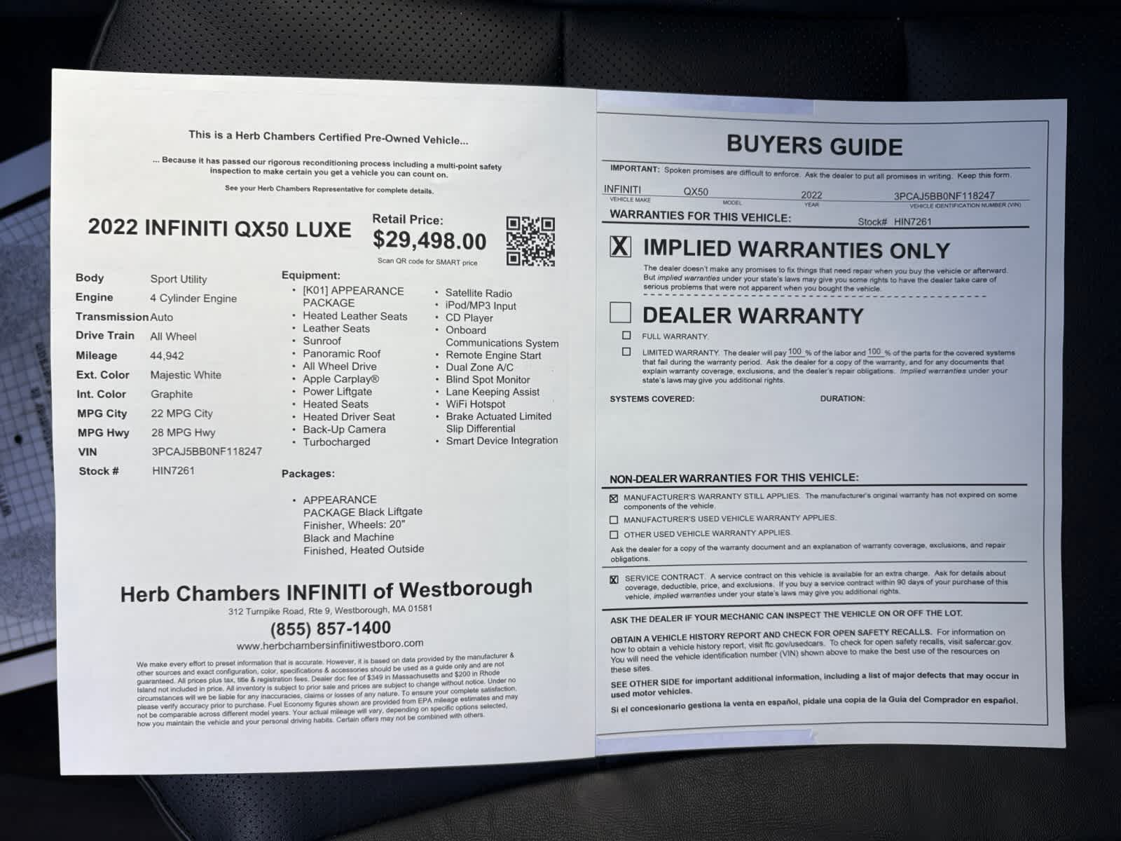 used 2022 INFINITI QX50 car, priced at $29,997