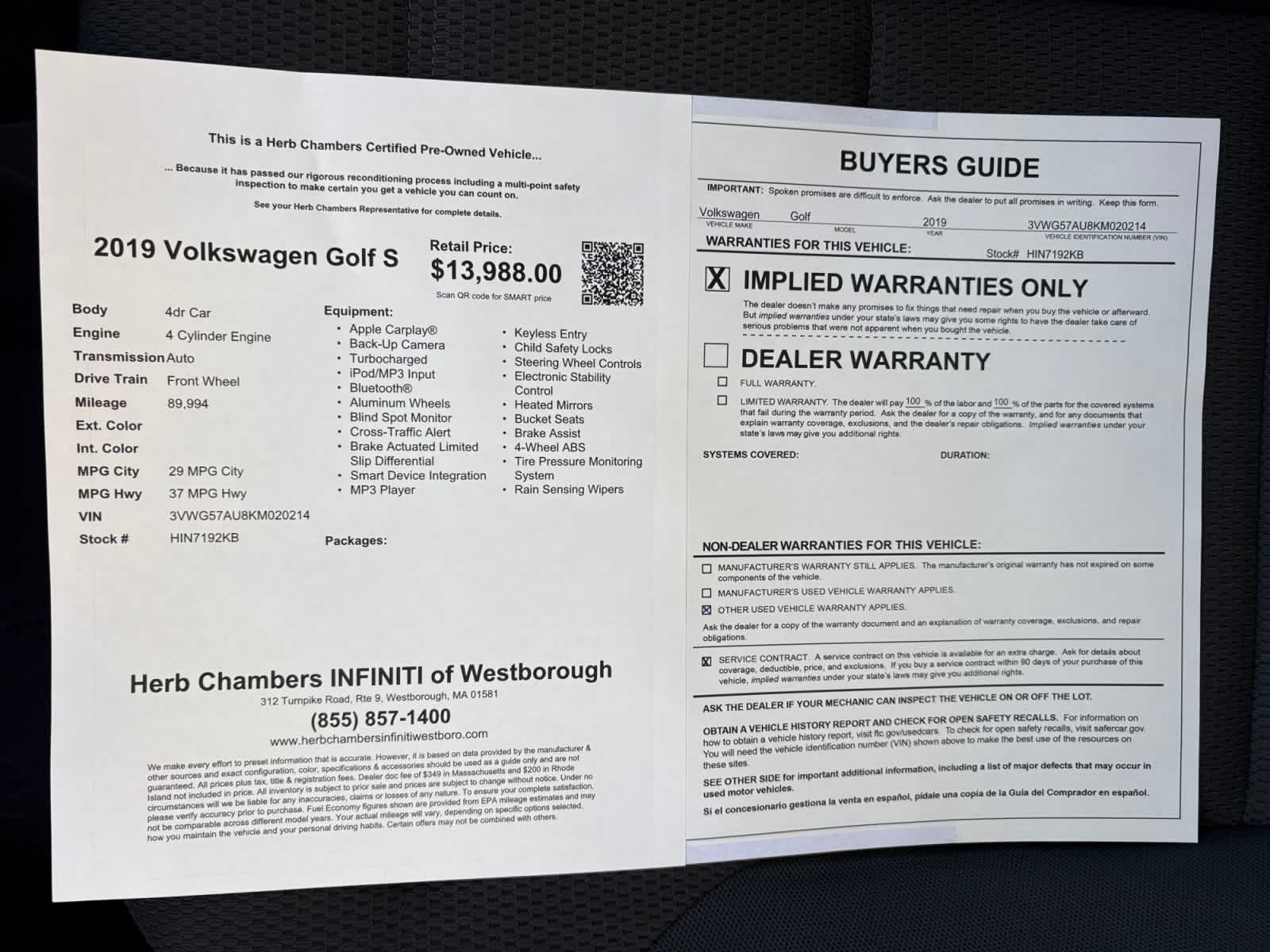 used 2019 Volkswagen Golf car, priced at $12,888