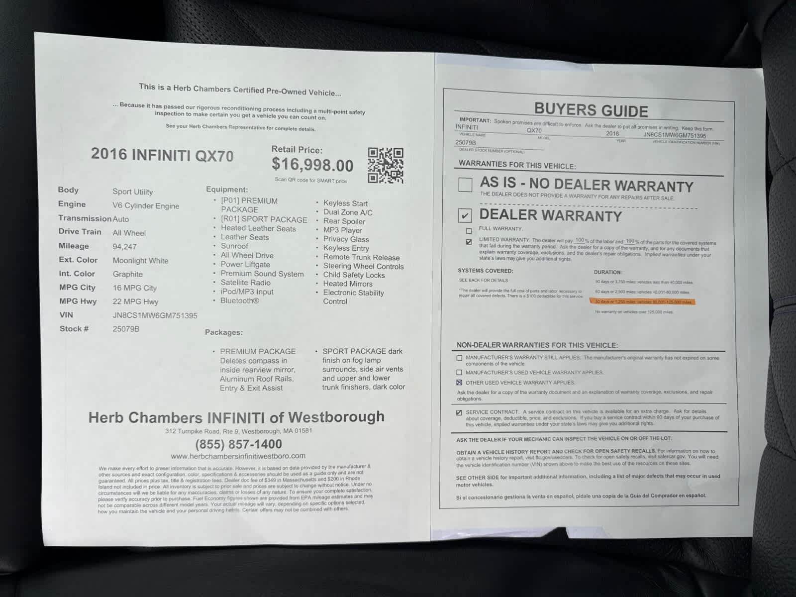 used 2016 INFINITI QX70 car, priced at $16,498