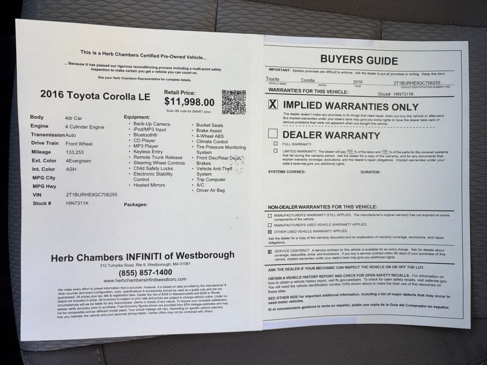 used 2016 Toyota Corolla car, priced at $11,998