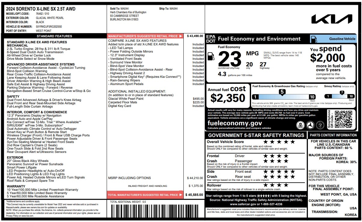 used 2024 Kia Sorento car, priced at $45,585