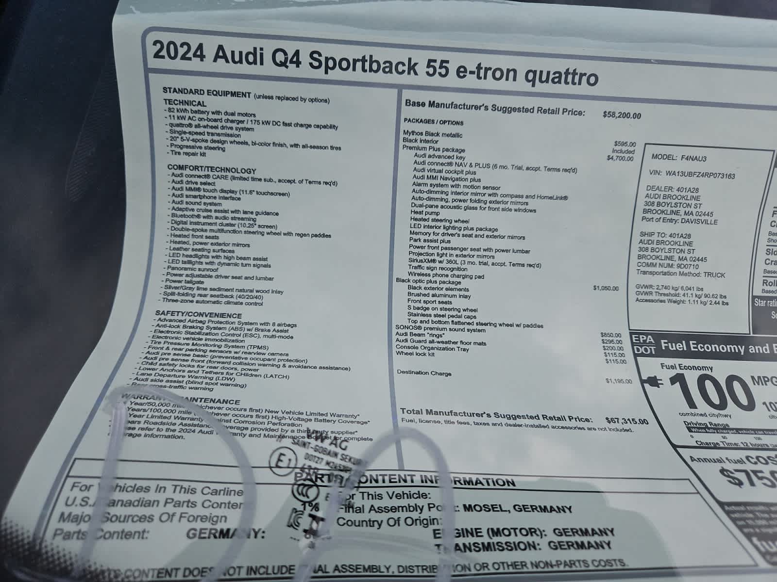 new 2024 Audi Q4 Sportback e-tron car, priced at $67,315