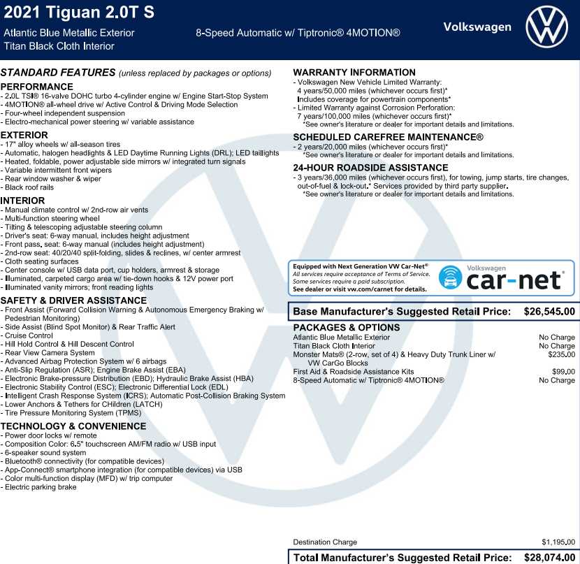 used 2021 Volkswagen Tiguan car, priced at $19,998