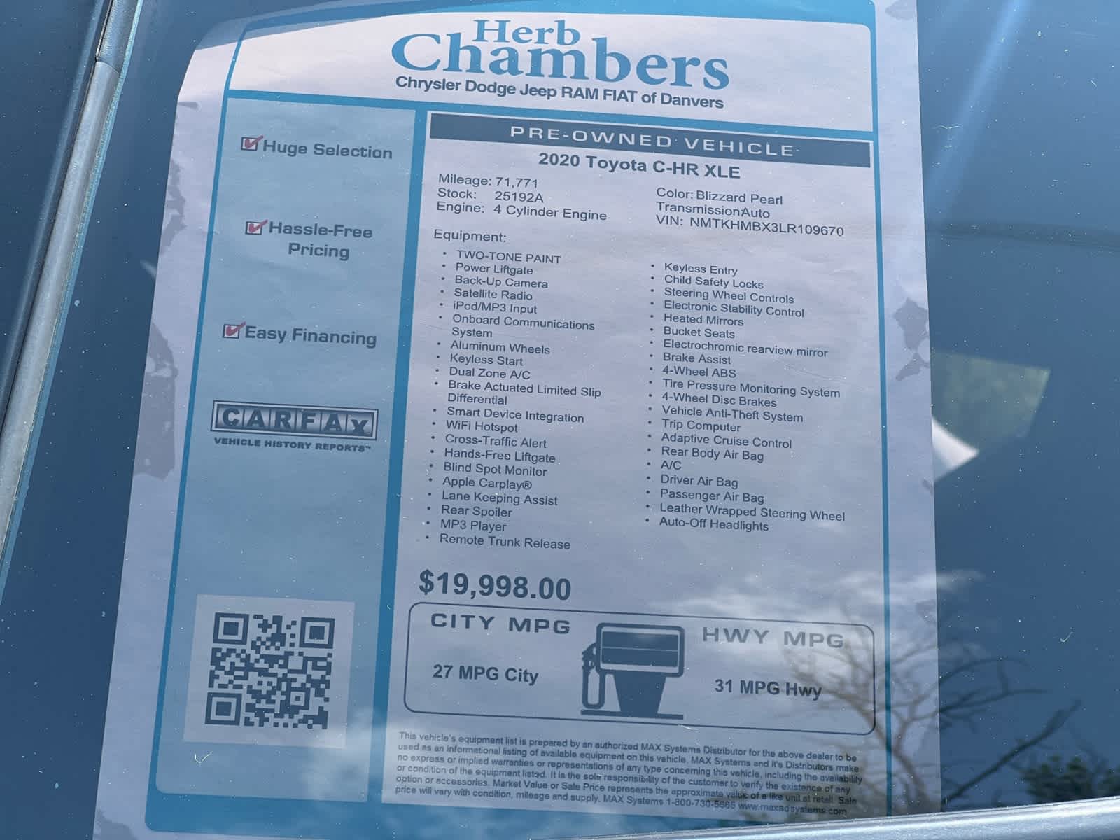 used 2020 Toyota C-HR car, priced at $19,998